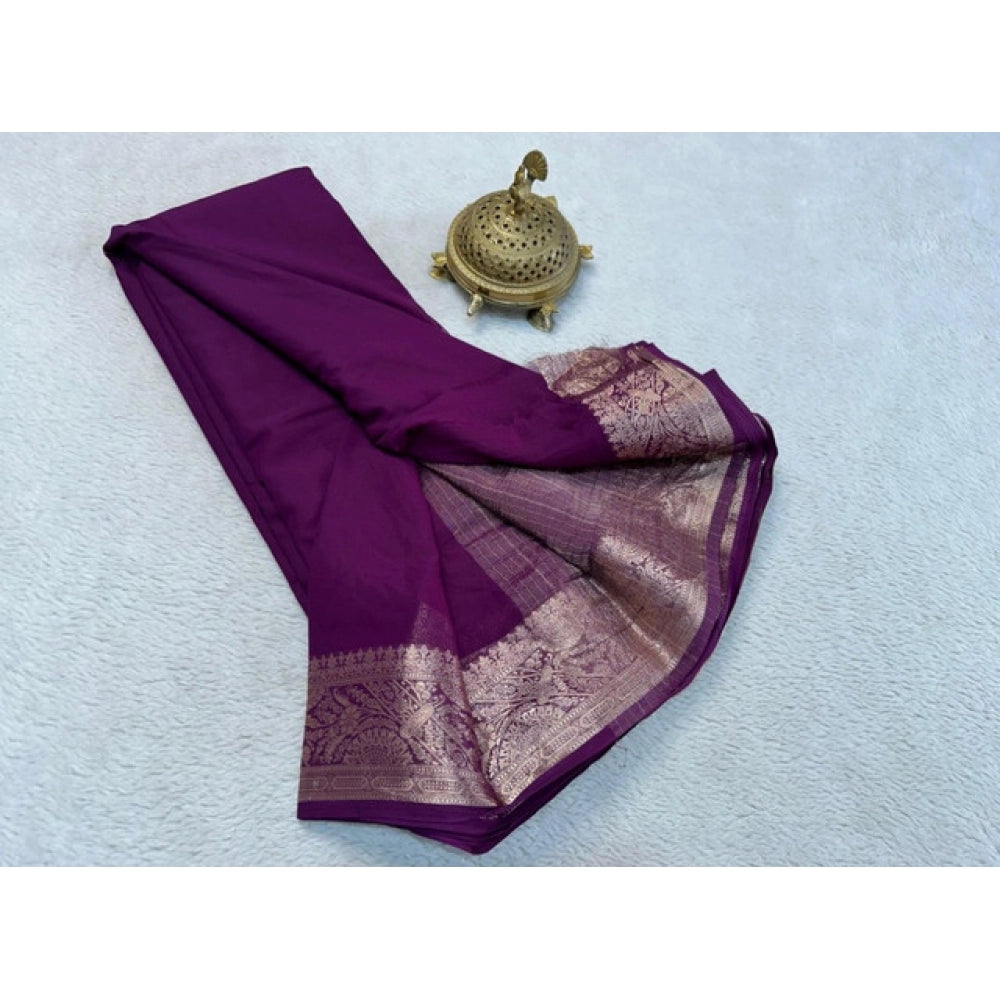 Women's Crepe Chit Pallu Solid Saree With Unstitched Blouse 5.5Mtr (Purple) - VANSHELLE