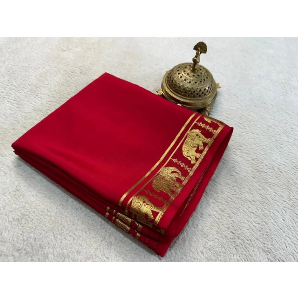Women's Crepe Chit Pallu Solid Saree With Unstitched Blouse 5.5Mtr (Red) - VANSHELLE