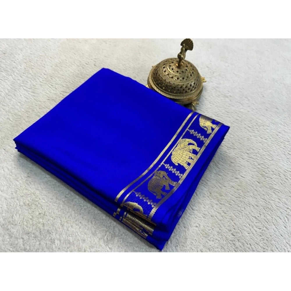 Women's Crepe Chit Pallu Solid Saree With Unstitched Blouse 5.5Mtr (Navy Blue) - VANSHELLE