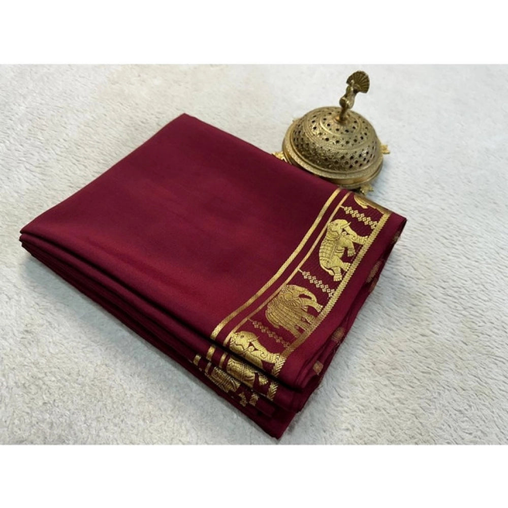 Women's Crepe Chit Pallu Solid Saree With Unstitched Blouse 5.5Mtr (Maroon) - VANSHELLE