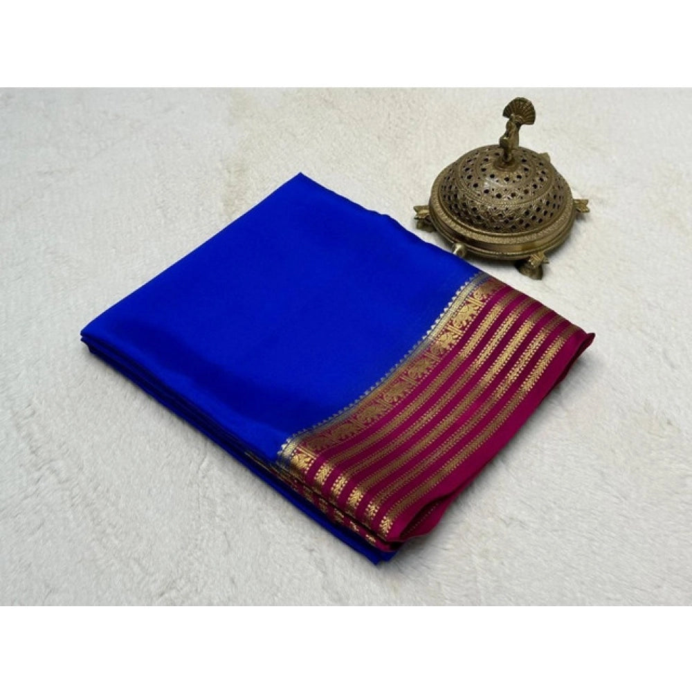 Women's Crepe Chit Pallu Solid Saree With Unstitched Blouse 5.5Mtr (Navy Blue) - VANSHELLE