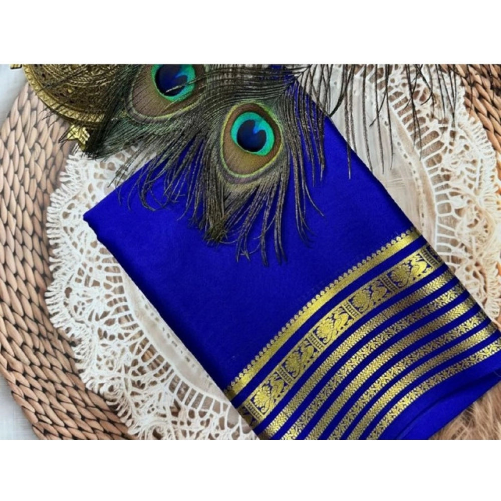 Women's Crepe Chit Pallu Solid Saree With Unstitched Blouse 5.5Mtr (Blue) - VANSHELLE