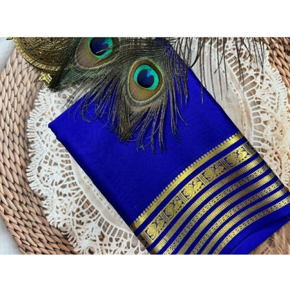 Women's Crepe Chit Pallu Solid Saree With Unstitched Blouse 5.5Mtr (Blue)