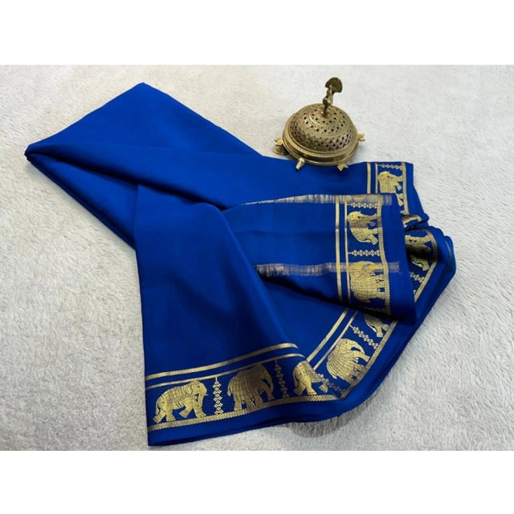 Women's Crepe Chit Pallu Solid Saree With Unstitched Blouse 5.5Mtr (Navy Blue) - VANSHELLE