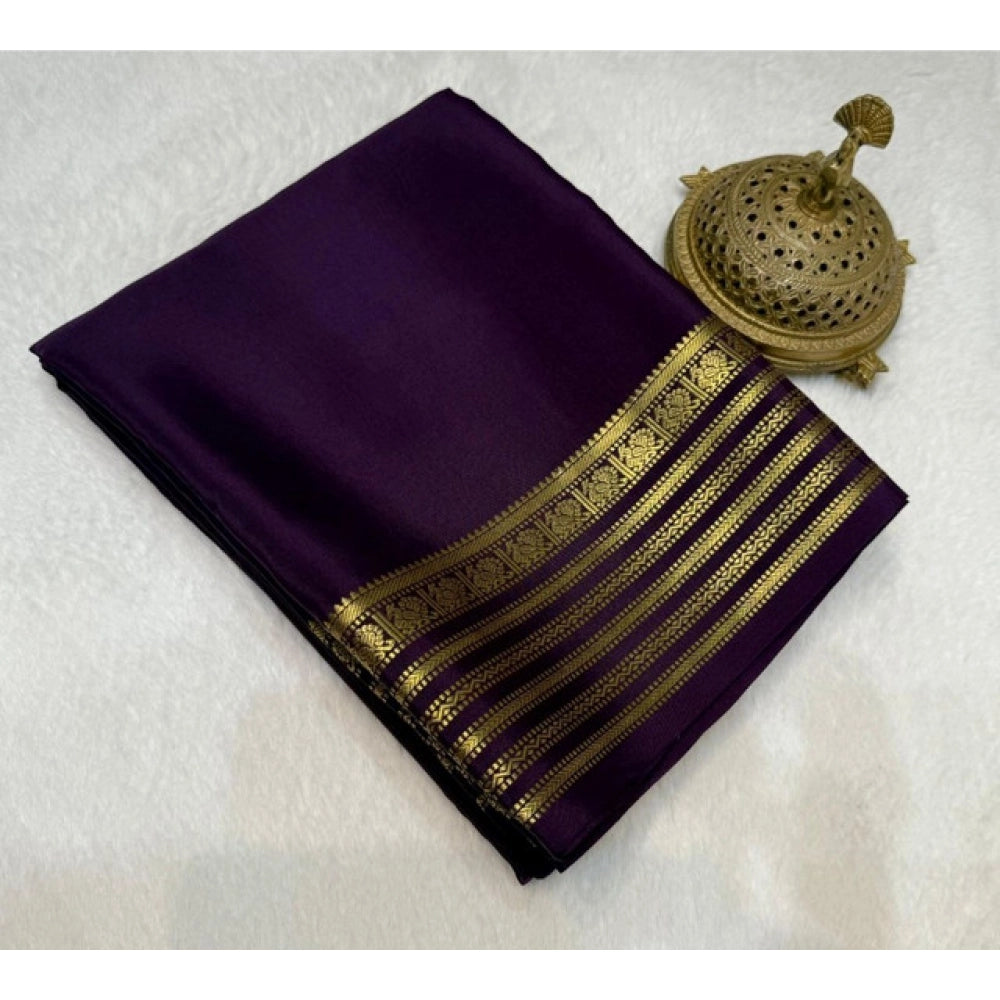 Women's Crepe Chit Pallu Solid Saree With Unstitched Blouse 5.5Mtr (Dark Purple) - VANSHELLE
