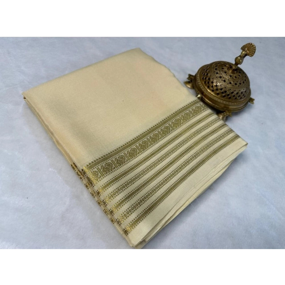 Women's Crepe Chit Pallu Solid Saree With Unstitched Blouse 5.5Mtr (Beige) - VANSHELLE