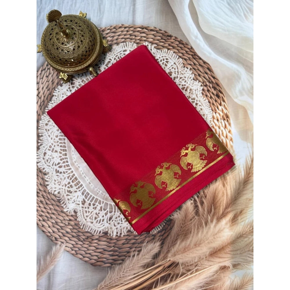 Women's Crepe Chit Pallu Solid Saree With Unstitched Blouse 5.5Mtr (Red) - VANSHELLE