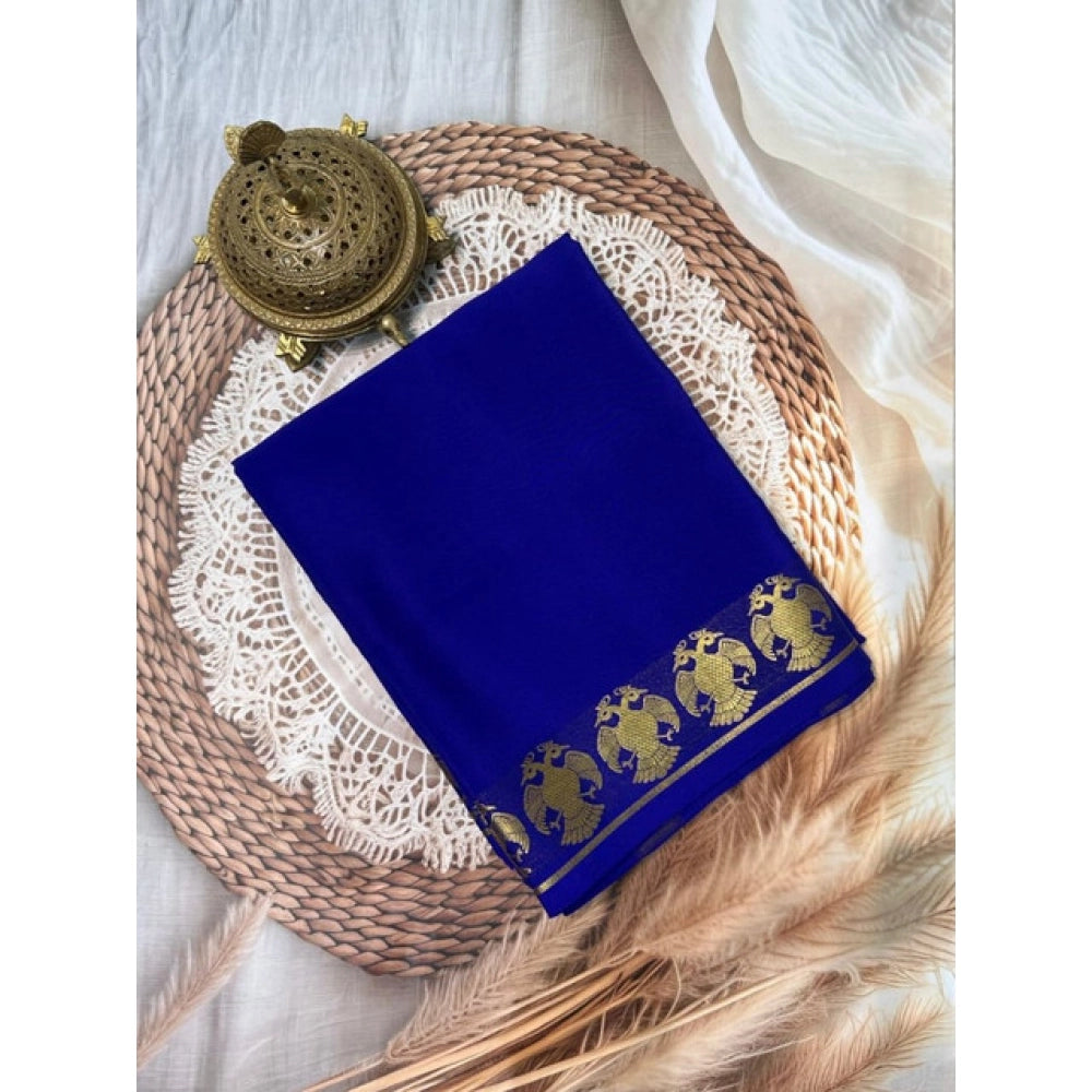 Women's Crepe Chit Pallu Solid Saree With Unstitched Blouse 5.5Mtr (Navy Blue) - VANSHELLE