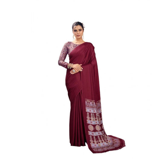 Generic Women's Satin Crepe Printed Saree With Unstitched Blouse 5.5Mtr (Maroon) - VANSHELLE