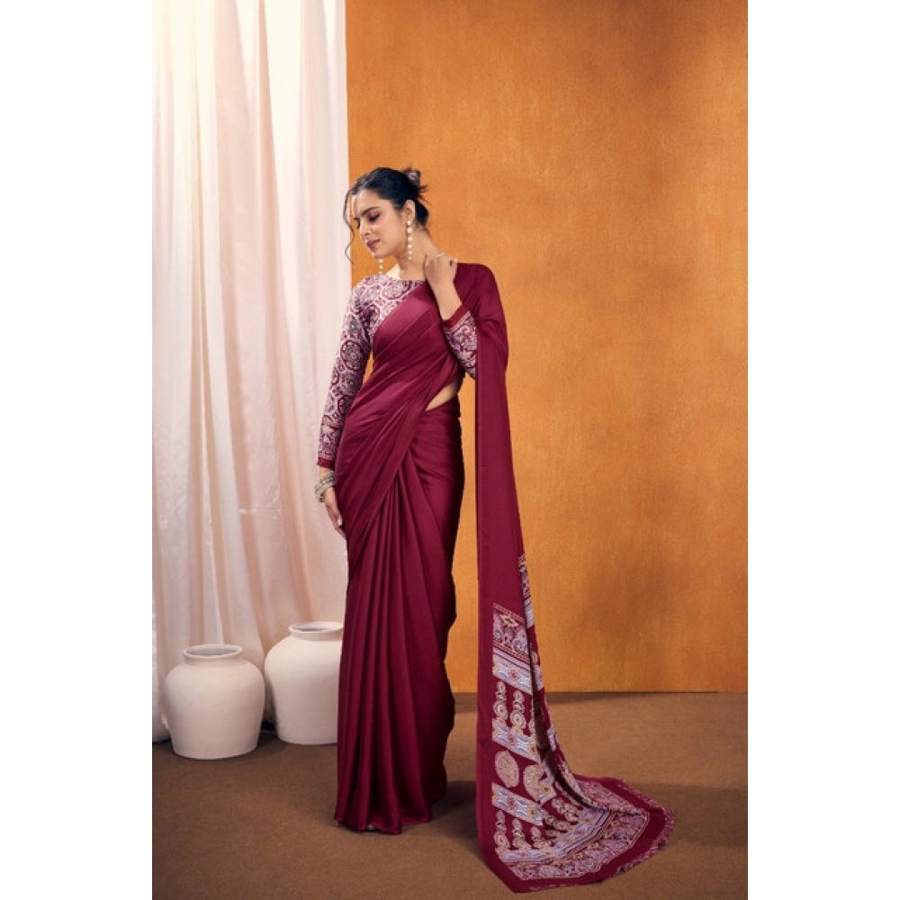 Generic Women's Satin Crepe Printed Saree With Unstitched Blouse 5.5Mtr (Maroon) - VANSHELLE