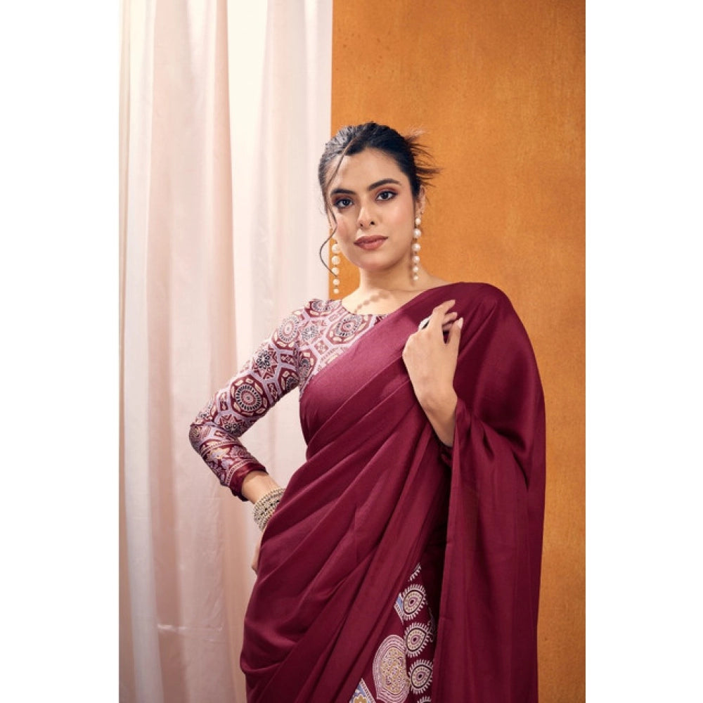 Generic Women's Satin Crepe Printed Saree With Unstitched Blouse 5.5Mtr (Maroon) - VANSHELLE