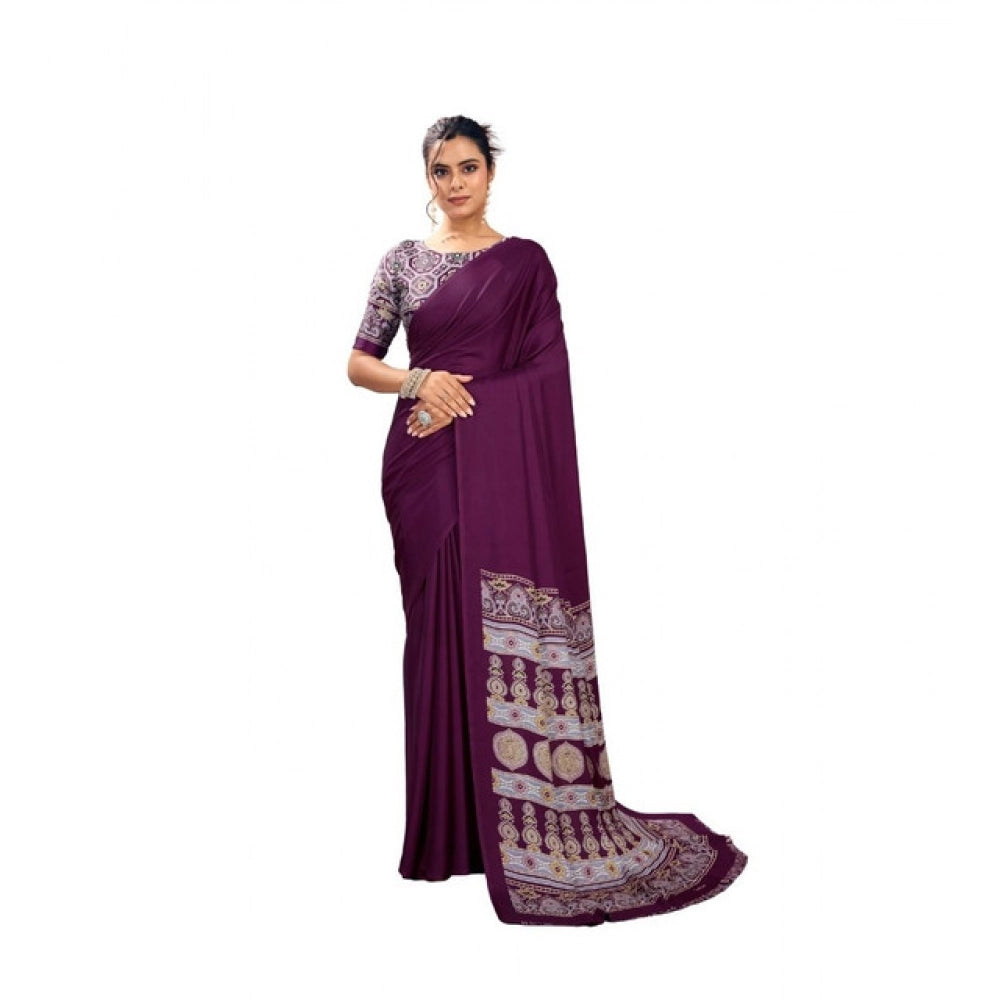 Generic Women's Satin Crepe Printed Saree With Unstitched Blouse 5.5Mtr (Purple) - VANSHELLE