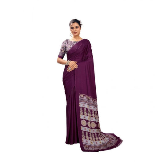 Generic Women's Satin Crepe Printed Saree With Unstitched Blouse 5.5Mtr (Purple) - VANSHELLE