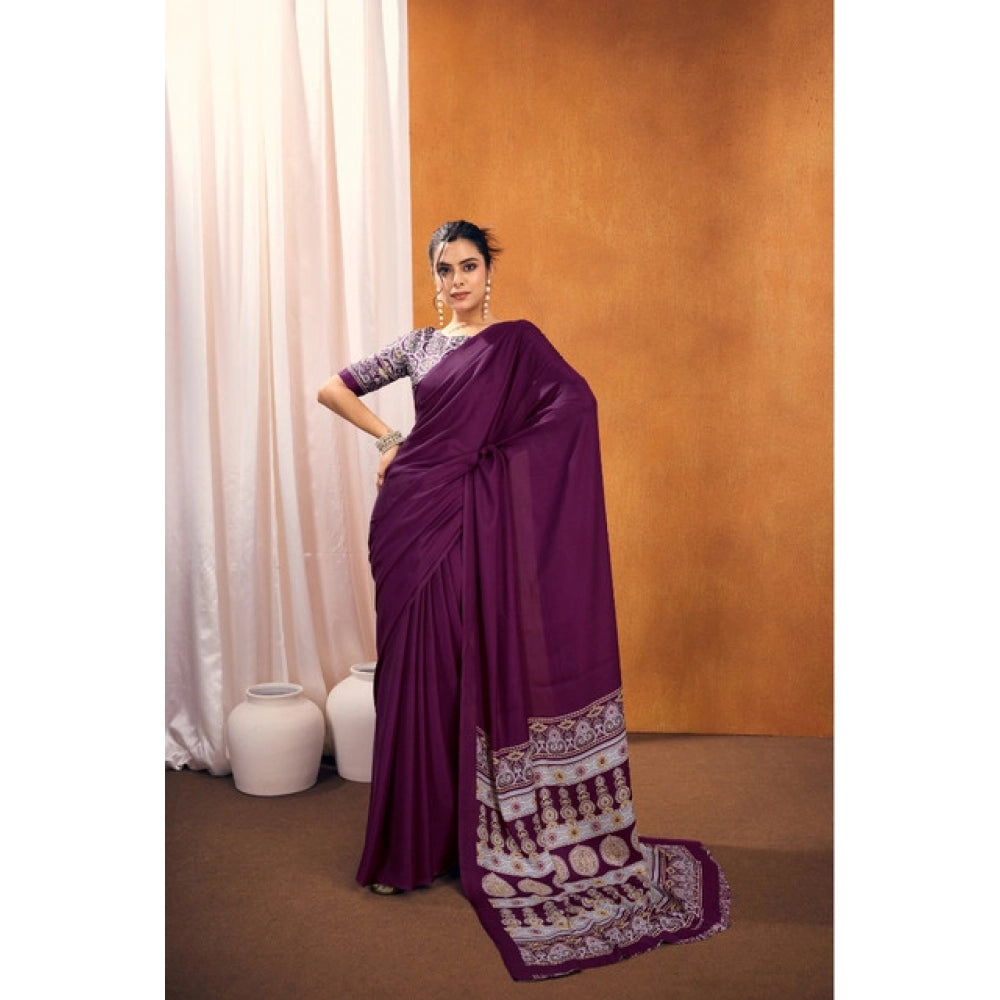 Generic Women's Satin Crepe Printed Saree With Unstitched Blouse 5.5Mtr (Purple) - VANSHELLE