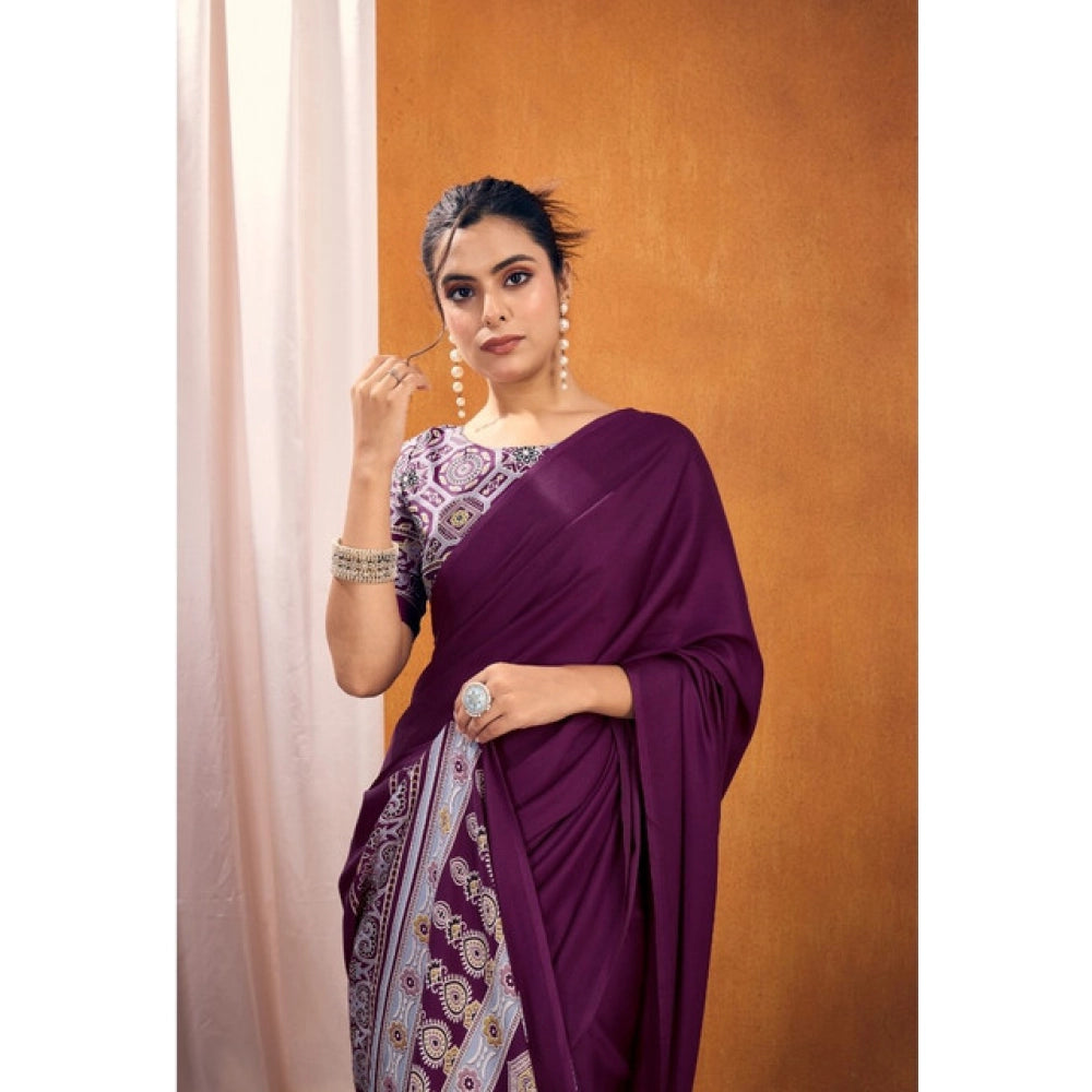 Generic Women's Satin Crepe Printed Saree With Unstitched Blouse 5.5Mtr (Purple) - VANSHELLE