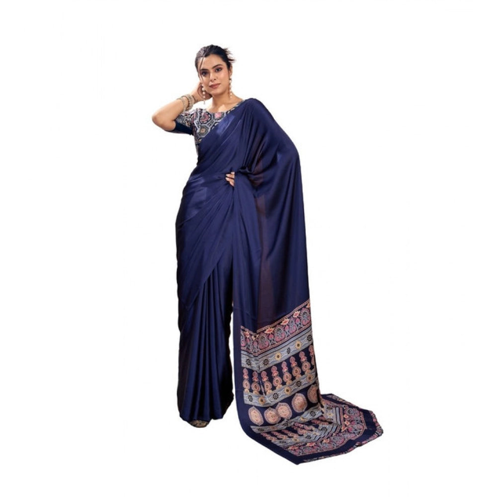 Generic Women's Satin Crepe Printed Saree With Unstitched Blouse 5.5Mtr (Navy Blue) - VANSHELLE