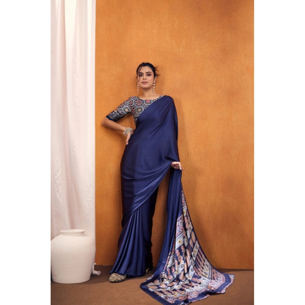 Generic Women's Satin Crepe Printed Saree With Unstitched Blouse 5.5Mtr (Navy Blue) - VANSHELLE