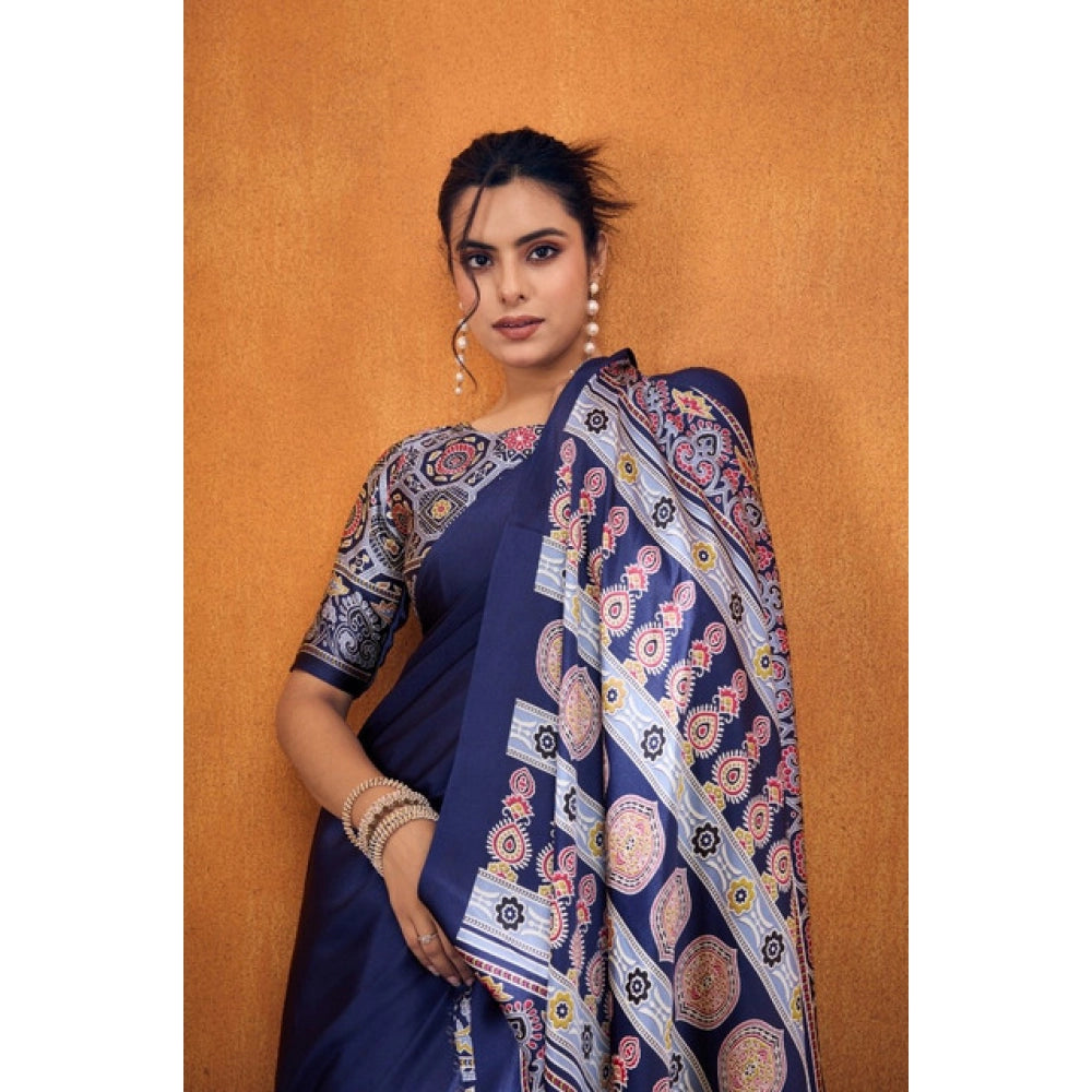 Generic Women's Satin Crepe Printed Saree With Unstitched Blouse 5.5Mtr (Navy Blue) - VANSHELLE