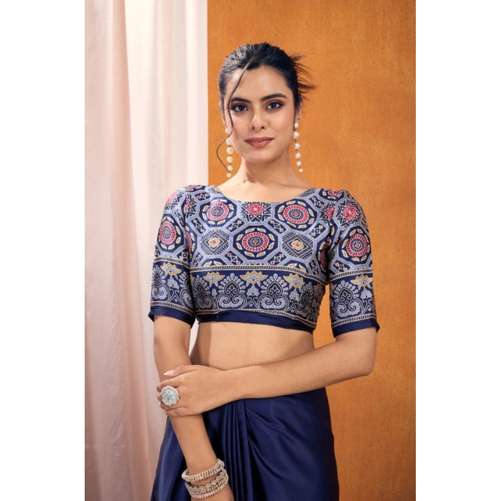 Generic Women's Satin Crepe Printed Saree With Unstitched Blouse 5.5Mtr (Navy Blue) - VANSHELLE