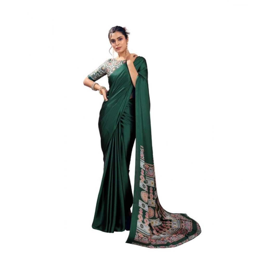 Generic Women's Satin Crepe Printed Saree With Unstitched Blouse 5.5Mtr (Bottle Green) - VANSHELLE