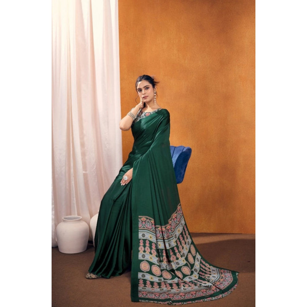 Generic Women's Satin Crepe Printed Saree With Unstitched Blouse 5.5Mtr (Bottle Green) - VANSHELLE