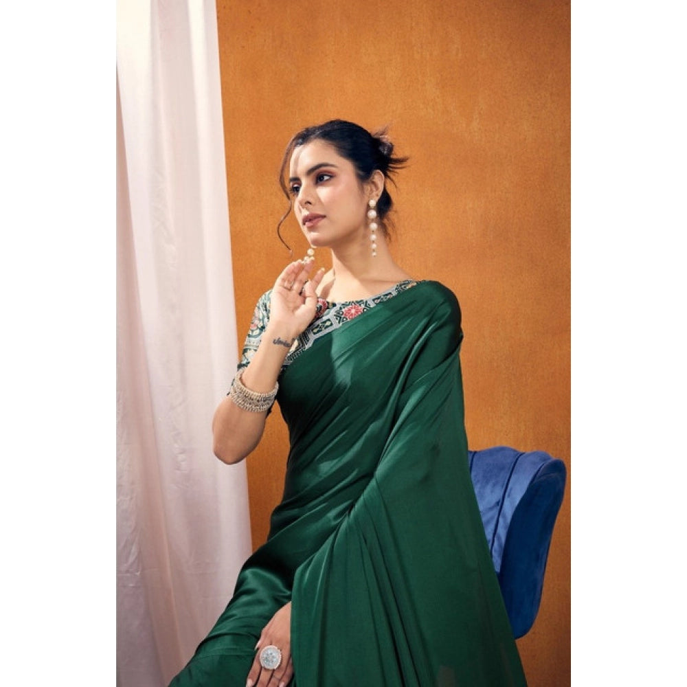 Generic Women's Satin Crepe Printed Saree With Unstitched Blouse 5.5Mtr (Bottle Green) - VANSHELLE