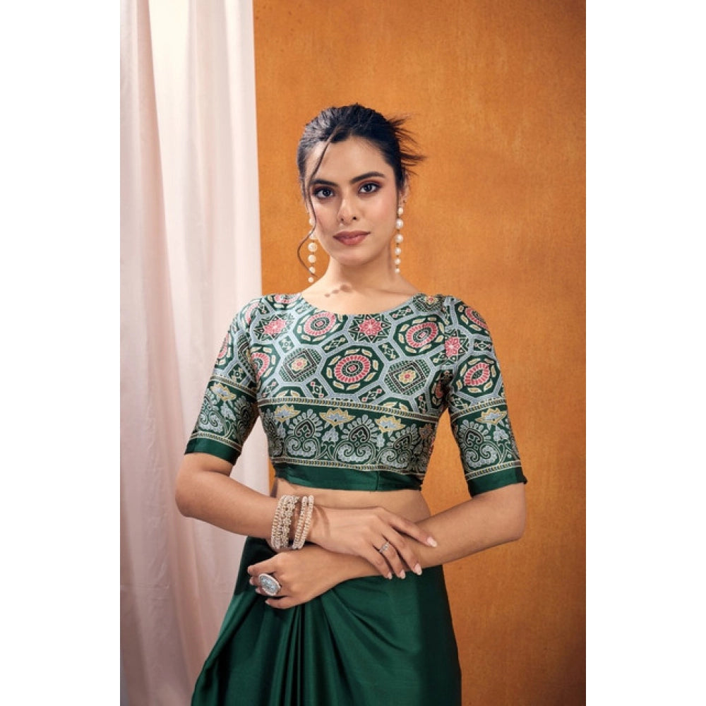 Generic Women's Satin Crepe Printed Saree With Unstitched Blouse 5.5Mtr (Bottle Green) - VANSHELLE