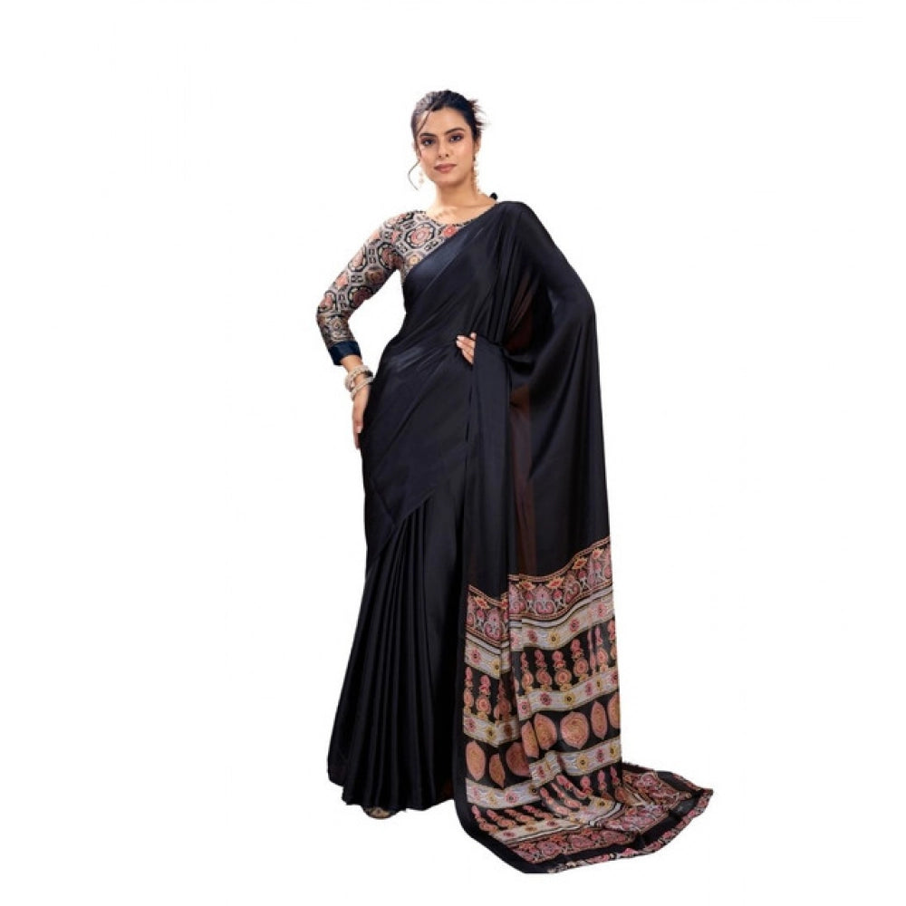 Generic Women's Satin Crepe Printed Saree With Unstitched Blouse 5.5Mtr (Black) - VANSHELLE