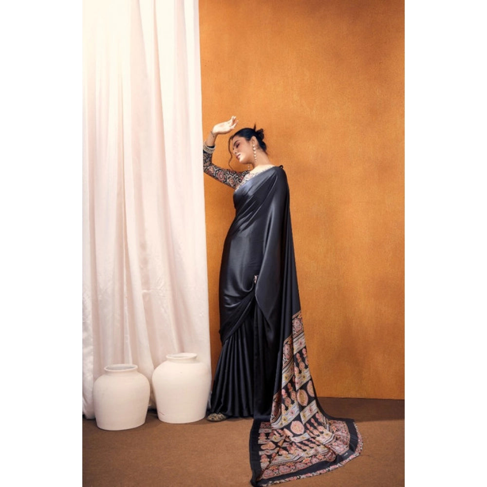 Generic Women's Satin Crepe Printed Saree With Unstitched Blouse 5.5Mtr (Black) - VANSHELLE