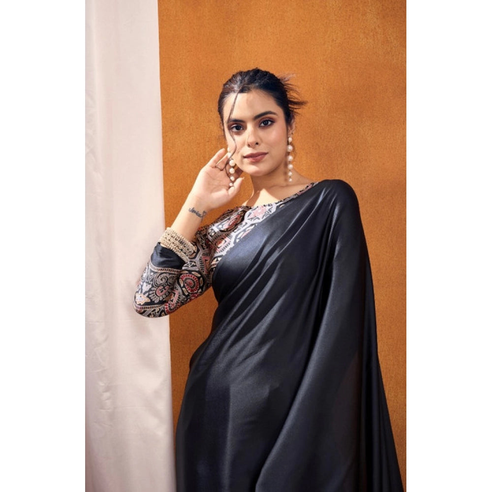 Generic Women's Satin Crepe Printed Saree With Unstitched Blouse 5.5Mtr (Black) - VANSHELLE