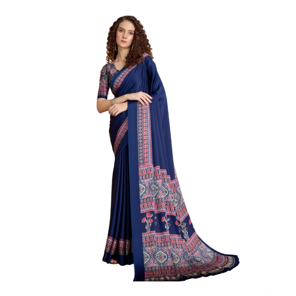 Generic Women's Satin Crepe Printed Saree With Unstitched Blouse 5.5Mtr (Navy Blue) - VANSHELLE