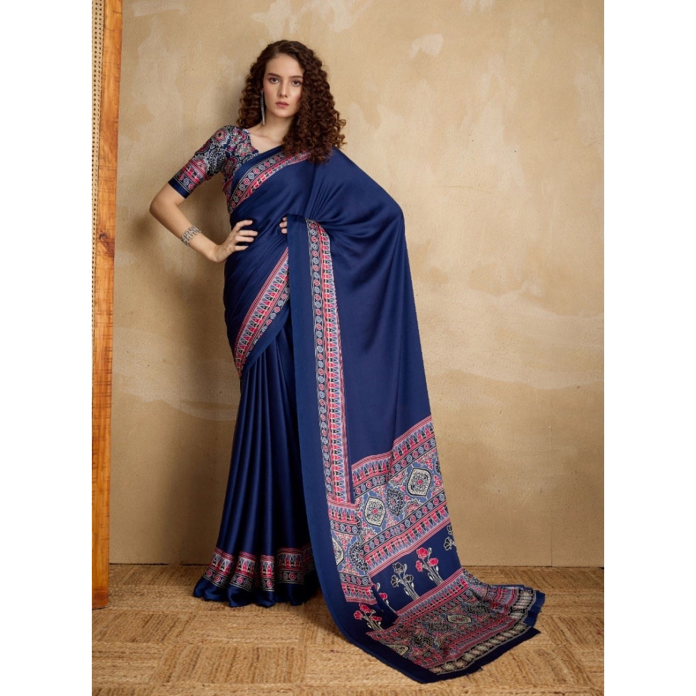 Generic Women's Satin Crepe Printed Saree With Unstitched Blouse 5.5Mtr (Navy Blue) - VANSHELLE