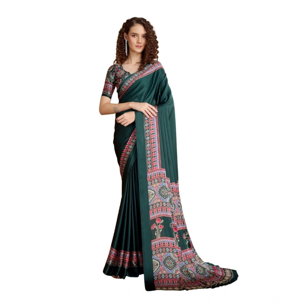 Generic Women's Satin Crepe Printed Saree With Unstitched Blouse 5.5Mtr (Green) - VANSHELLE