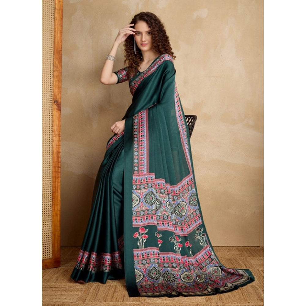 Generic Women's Satin Crepe Printed Saree With Unstitched Blouse 5.5Mtr (Green) - VANSHELLE