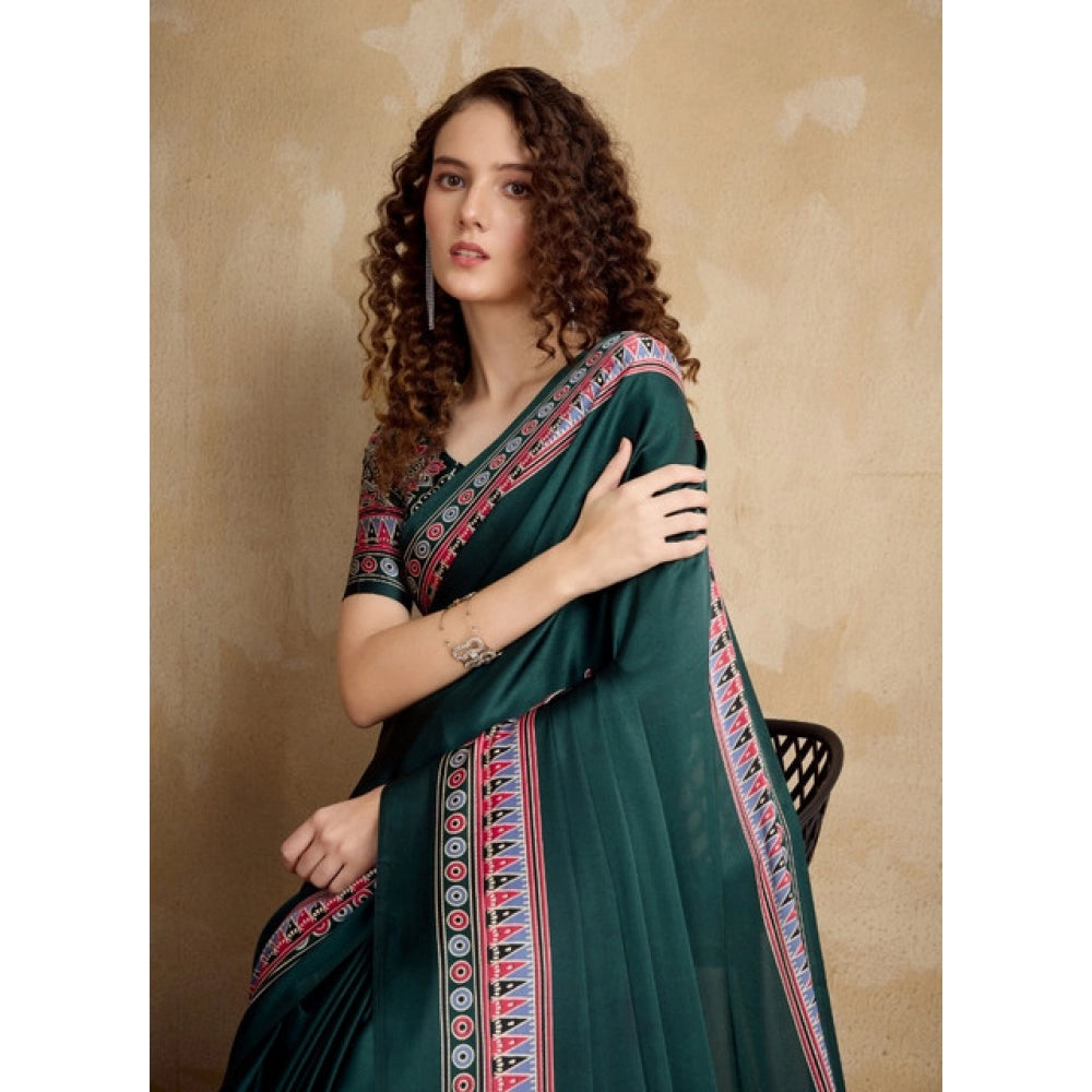 Generic Women's Satin Crepe Printed Saree With Unstitched Blouse 5.5Mtr (Green) - VANSHELLE