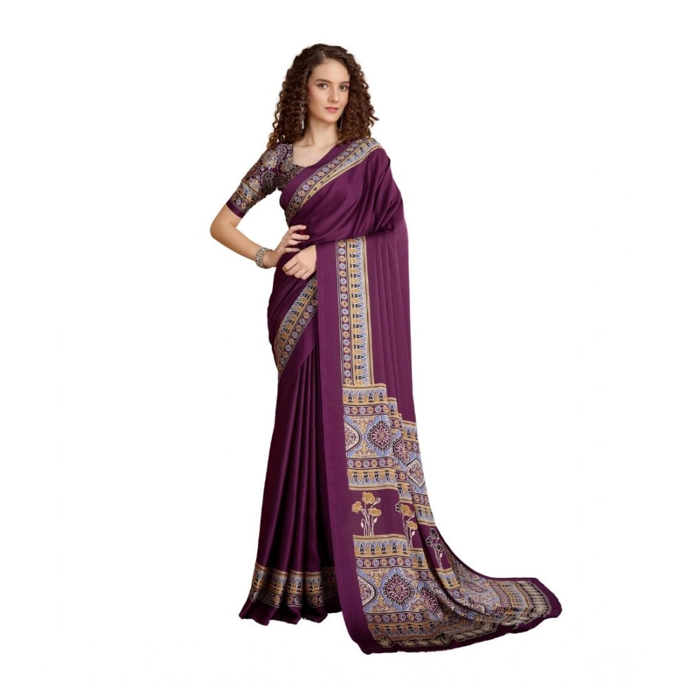 Generic Women's Satin Crepe Printed Saree With Unstitched Blouse 5.5Mtr (Purple) - VANSHELLE