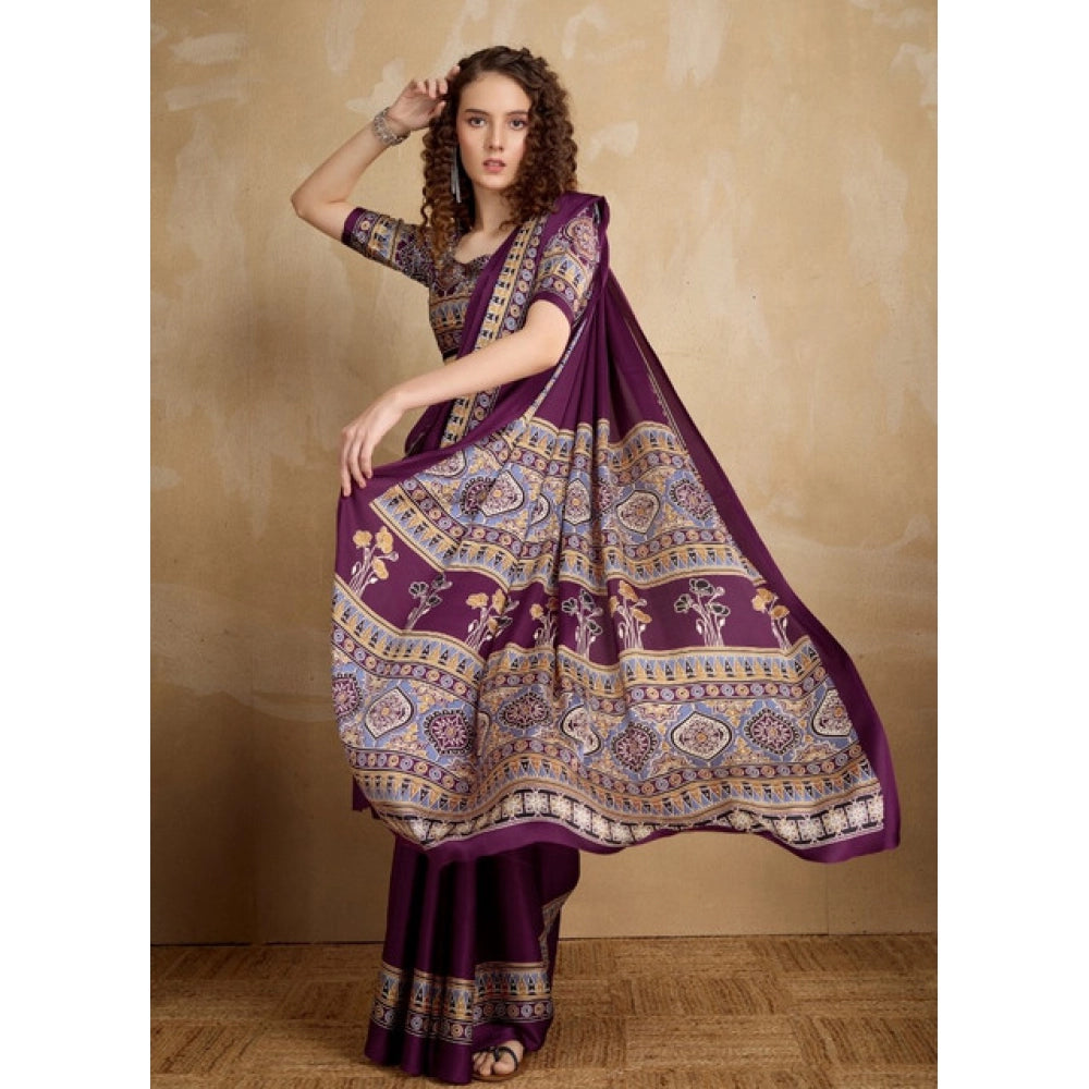 Generic Women's Satin Crepe Printed Saree With Unstitched Blouse 5.5Mtr (Purple) - VANSHELLE