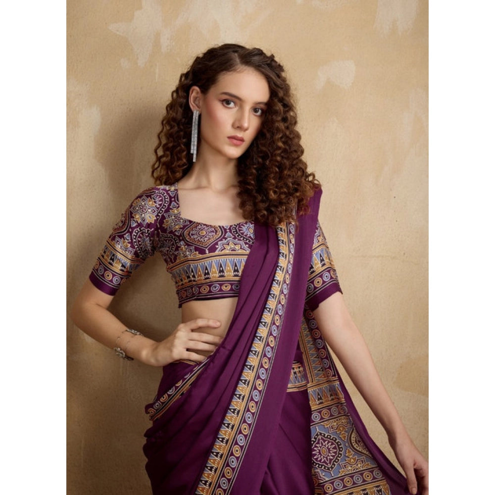 Generic Women's Satin Crepe Printed Saree With Unstitched Blouse 5.5Mtr (Purple) - VANSHELLE