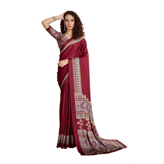 Generic Women's Satin Crepe Printed Saree With Unstitched Blouse 5.5Mtr (Maroon) - VANSHELLE