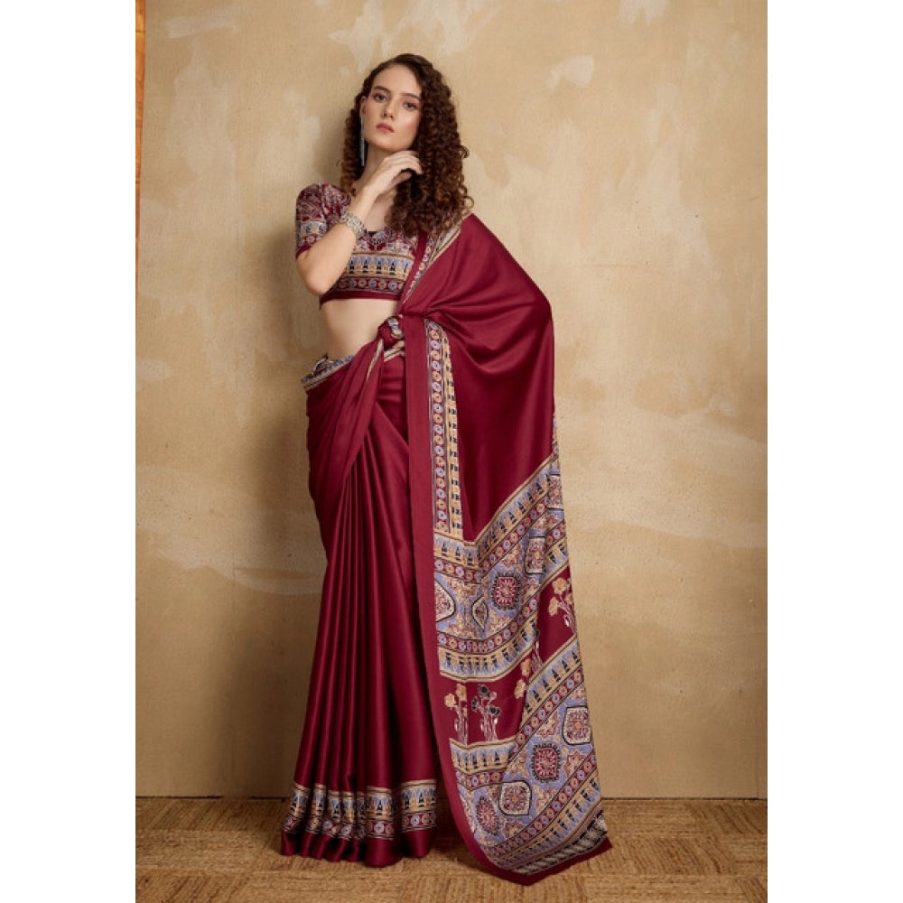 Generic Women's Satin Crepe Printed Saree With Unstitched Blouse 5.5Mtr (Maroon) - VANSHELLE
