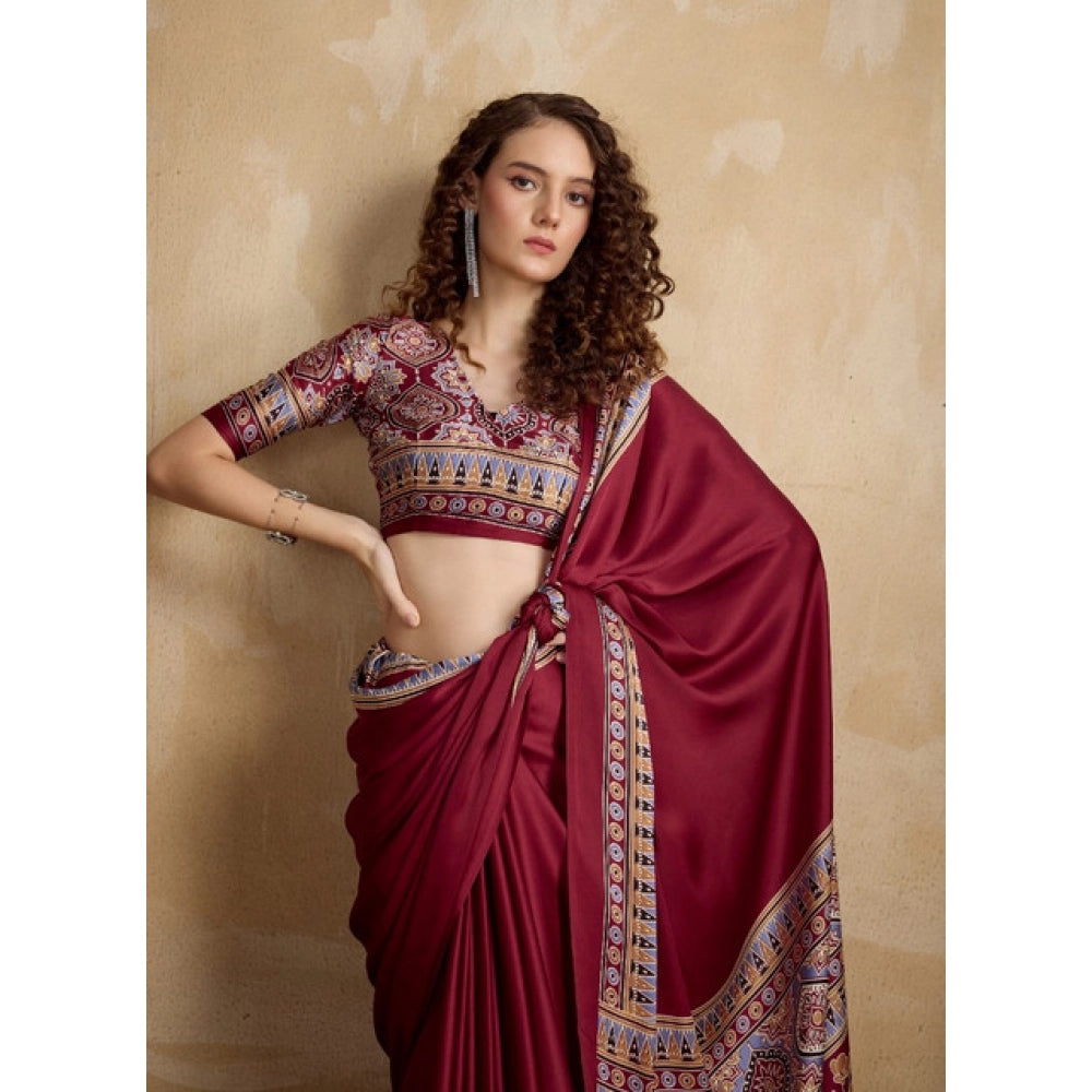 Generic Women's Satin Crepe Printed Saree With Unstitched Blouse 5.5Mtr (Maroon) - VANSHELLE