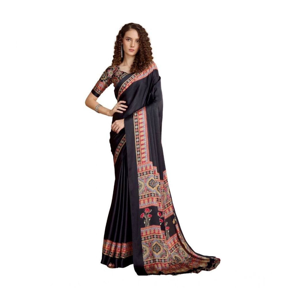 Generic Women's Satin Crepe Printed Saree With Unstitched Blouse 5.5Mtr (Black) - VANSHELLE