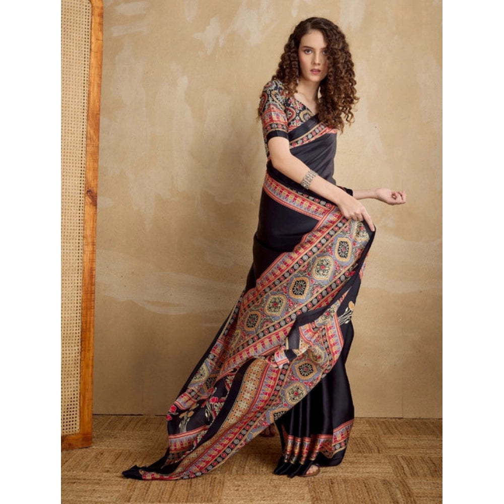 Generic Women's Satin Crepe Printed Saree With Unstitched Blouse 5.5Mtr (Black) - VANSHELLE