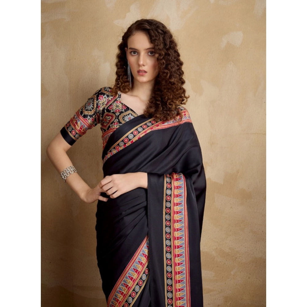 Generic Women's Satin Crepe Printed Saree With Unstitched Blouse 5.5Mtr (Black) - VANSHELLE