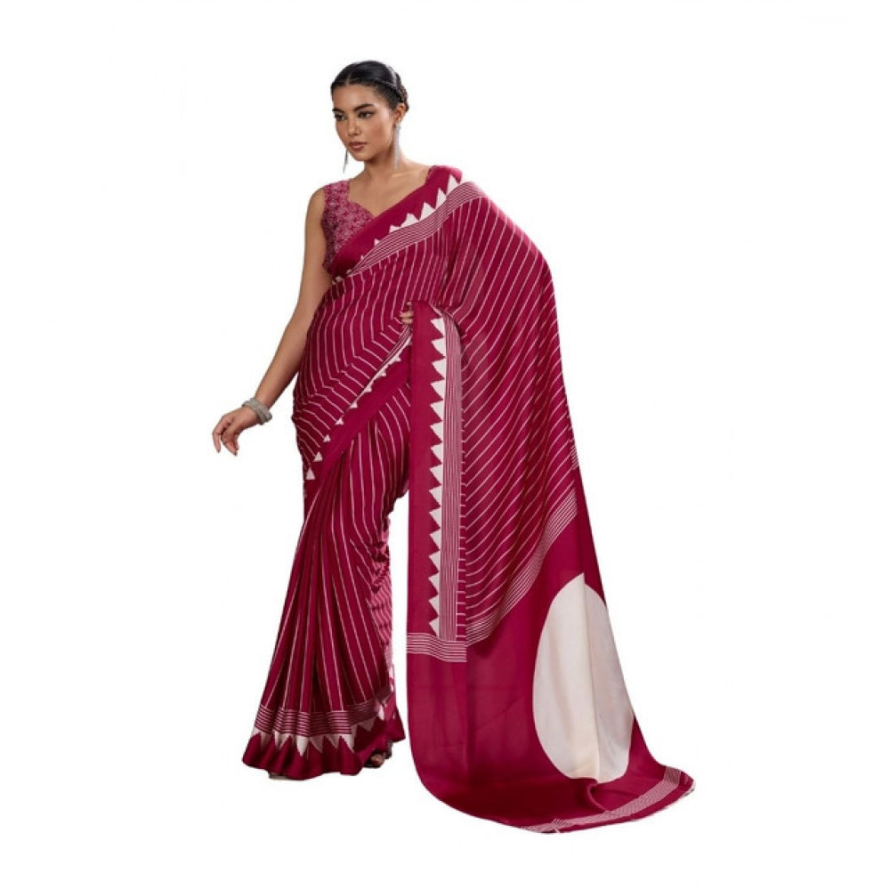 Generic Women's Satin Crepe Printed Saree With Unstitched Blouse 5.5Mtr (Maroon) - VANSHELLE