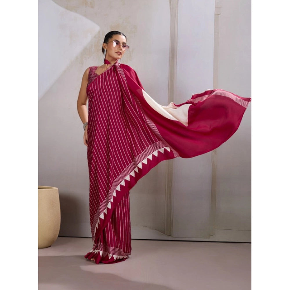 Generic Women's Satin Crepe Printed Saree With Unstitched Blouse 5.5Mtr (Maroon) - VANSHELLE