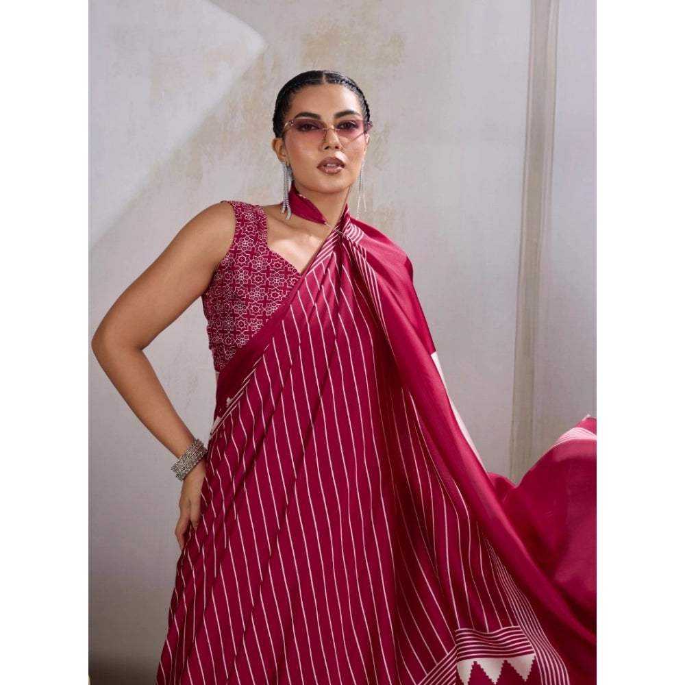 Generic Women's Satin Crepe Printed Saree With Unstitched Blouse 5.5Mtr (Maroon) - VANSHELLE