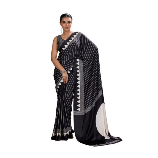 Generic Women's Satin Crepe Printed Saree With Unstitched Blouse 5.5Mtr (Black) - VANSHELLE