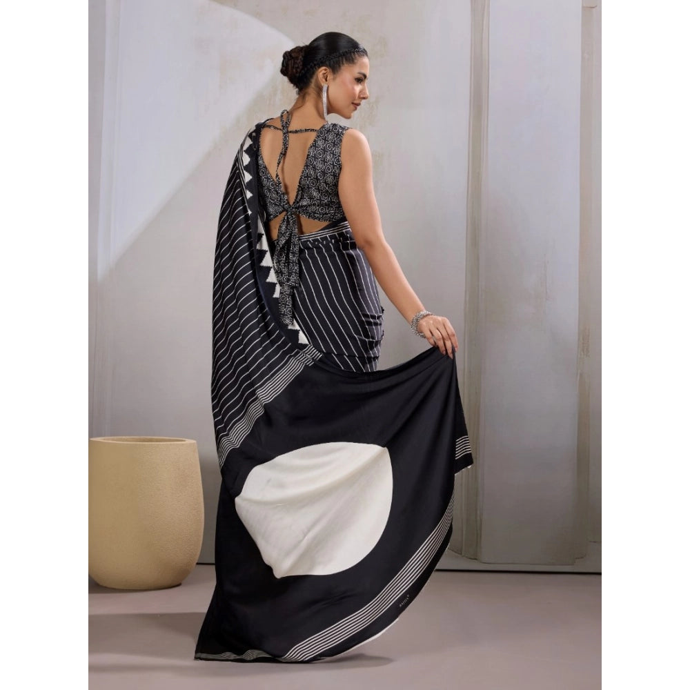 Generic Women's Satin Crepe Printed Saree With Unstitched Blouse 5.5Mtr (Black) - VANSHELLE