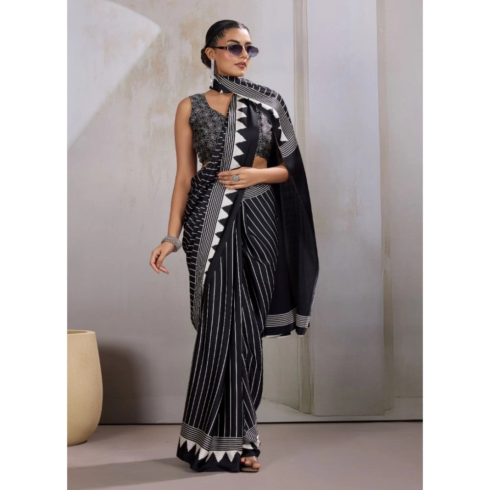 Generic Women's Satin Crepe Printed Saree With Unstitched Blouse 5.5Mtr (Black) - VANSHELLE